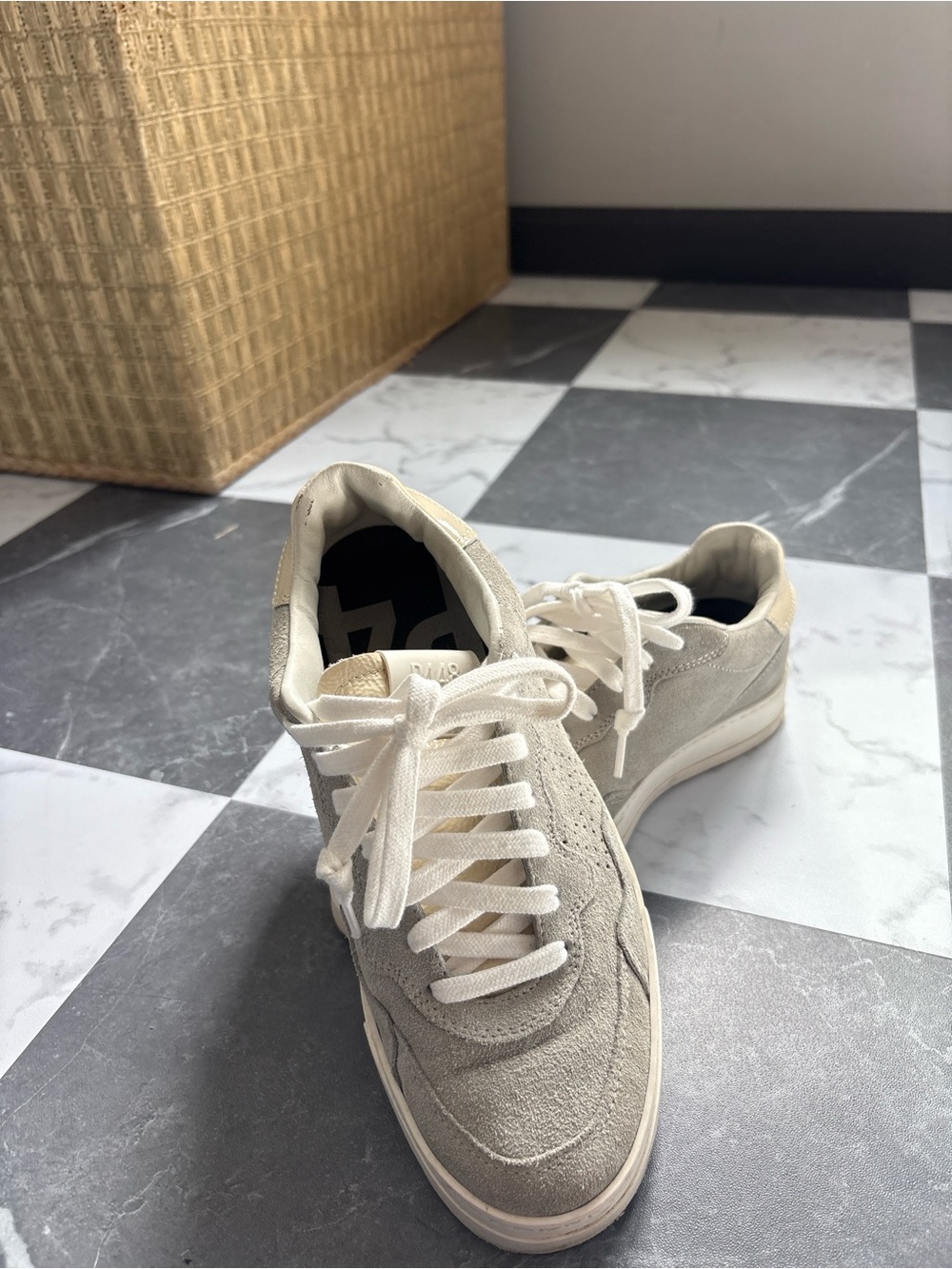 P448 Women's Suede Low-Top Sneakers in Light Gray and White